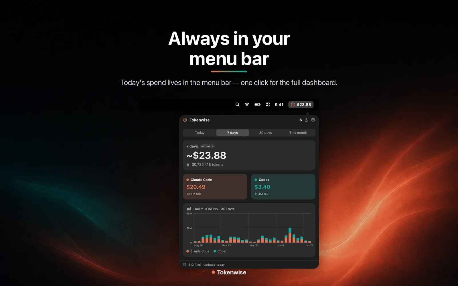 Lives in the menu bar showing today’s cost