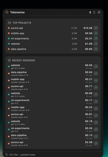 Projects and recent sessions screen